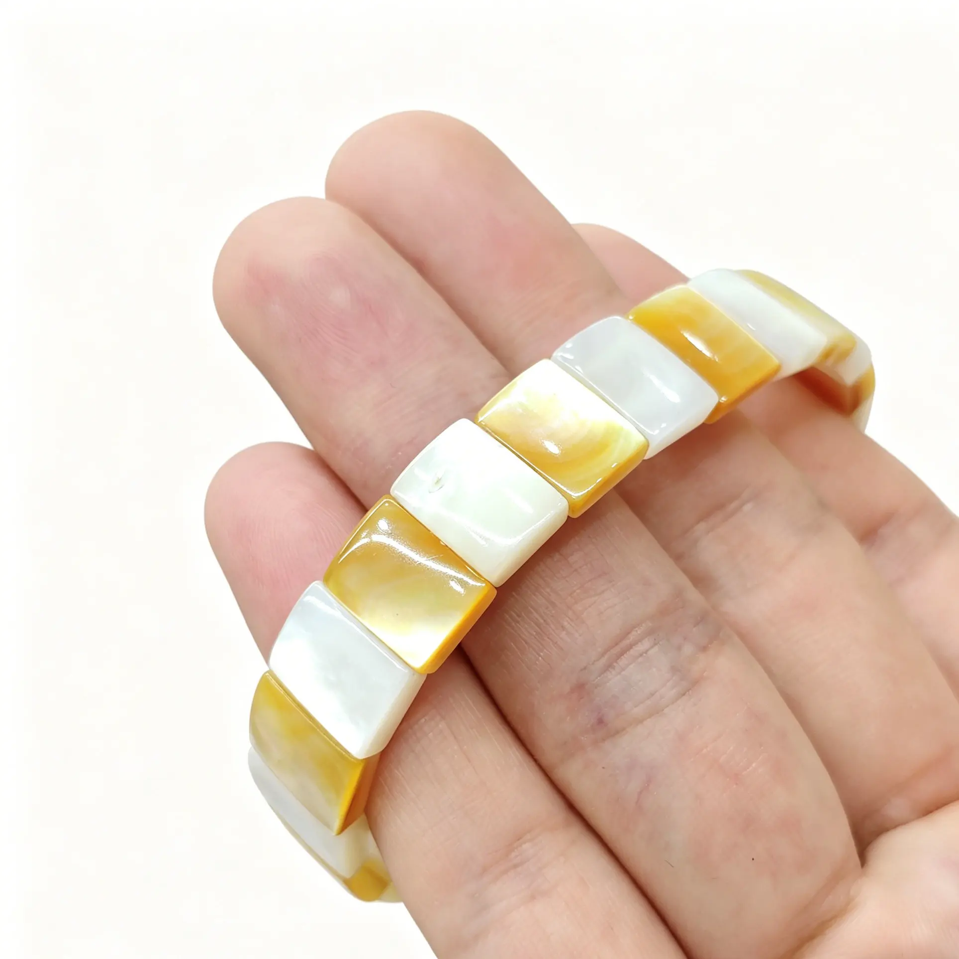 

Natural Dual-Tone Mother-of-Pearl Bracelet, Yellow and White Nacre Mix for Sunlit Shore Palette Women Refined Minimalist Gift