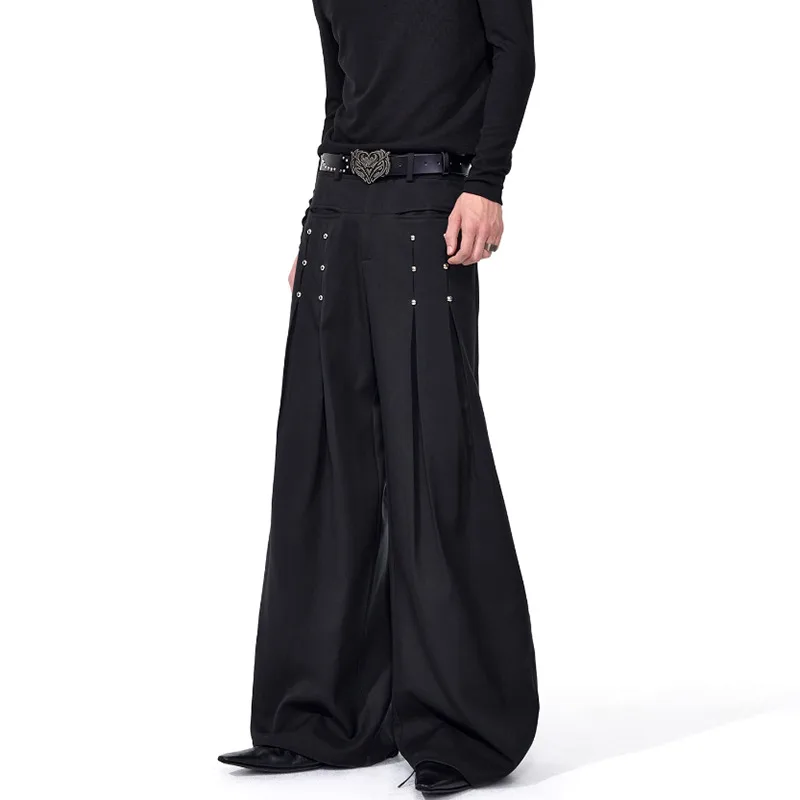 Luzhen 2025 novo nicho original rebite metal decorar design plissado calças de perna larga moda masculina cor sólida calças casuais jy3818