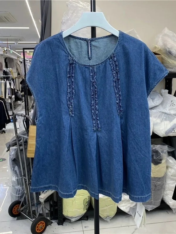 

plus Size Women's Denim Shirt Summer Short Sleeve Patchwork Casual Fashion Top Wooden Trim Breathable Polyester Fiber