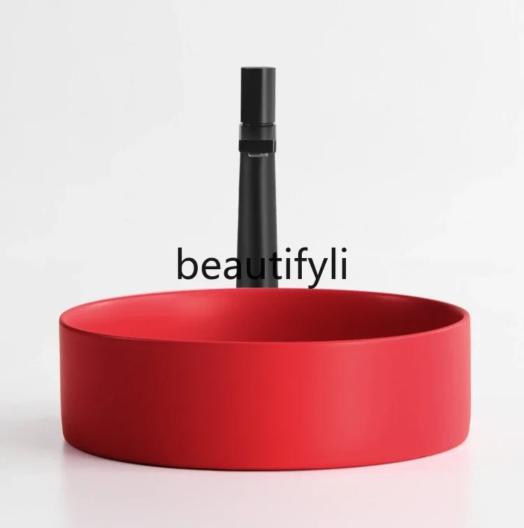 

Creative red, black, basin on the sink, small size ceramic washbasin, single basin, balcony basin, round.