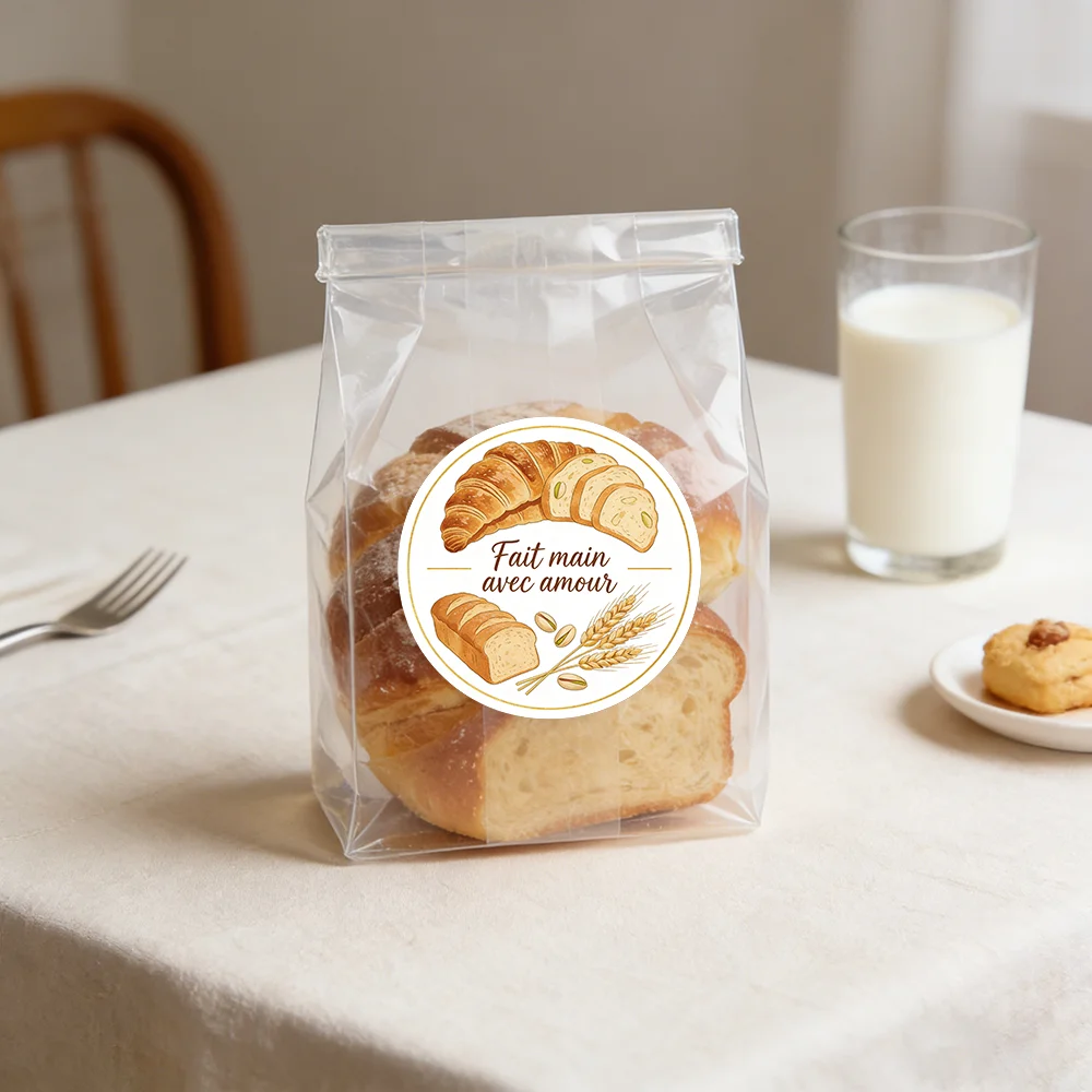 Round Stickers -  "Fait main avec amour" Design for Gift Bags, Gift Boxes & Bakery Packaging, Bread Display Supplies