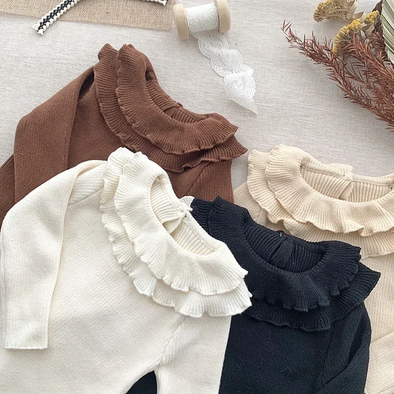 Autumn Winter Girls Knitted Lotus Collar Pullover Baby Cotton Round Neck Sweater Children's Bottoming Shirt Long Sleeve Sweaters