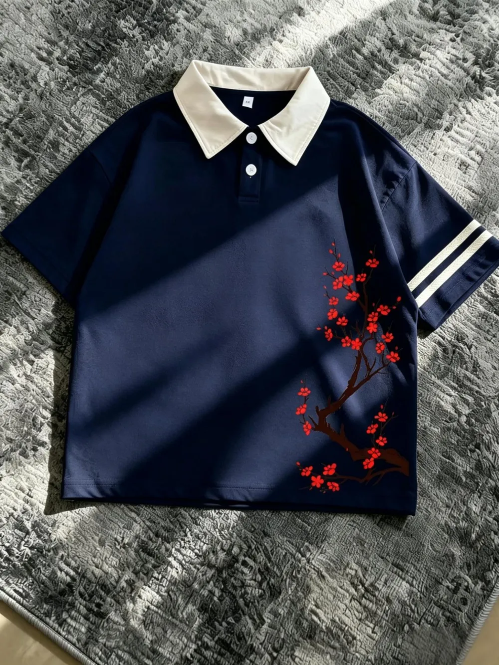 Camiseta polo masculina americana de verão com estampa de galho de cerejeira, listrada, macia, respirável, de manga curta, casual para atividades ao ar livre.