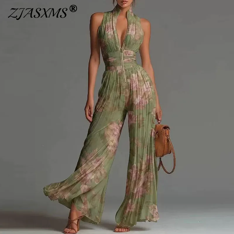 

Sexy Deep V Neck Hollow Zip Jumpsuit Women's Spring Solid High Waist Wide Leg Romper Summer Sleeveless Pleated Vacation Overalls