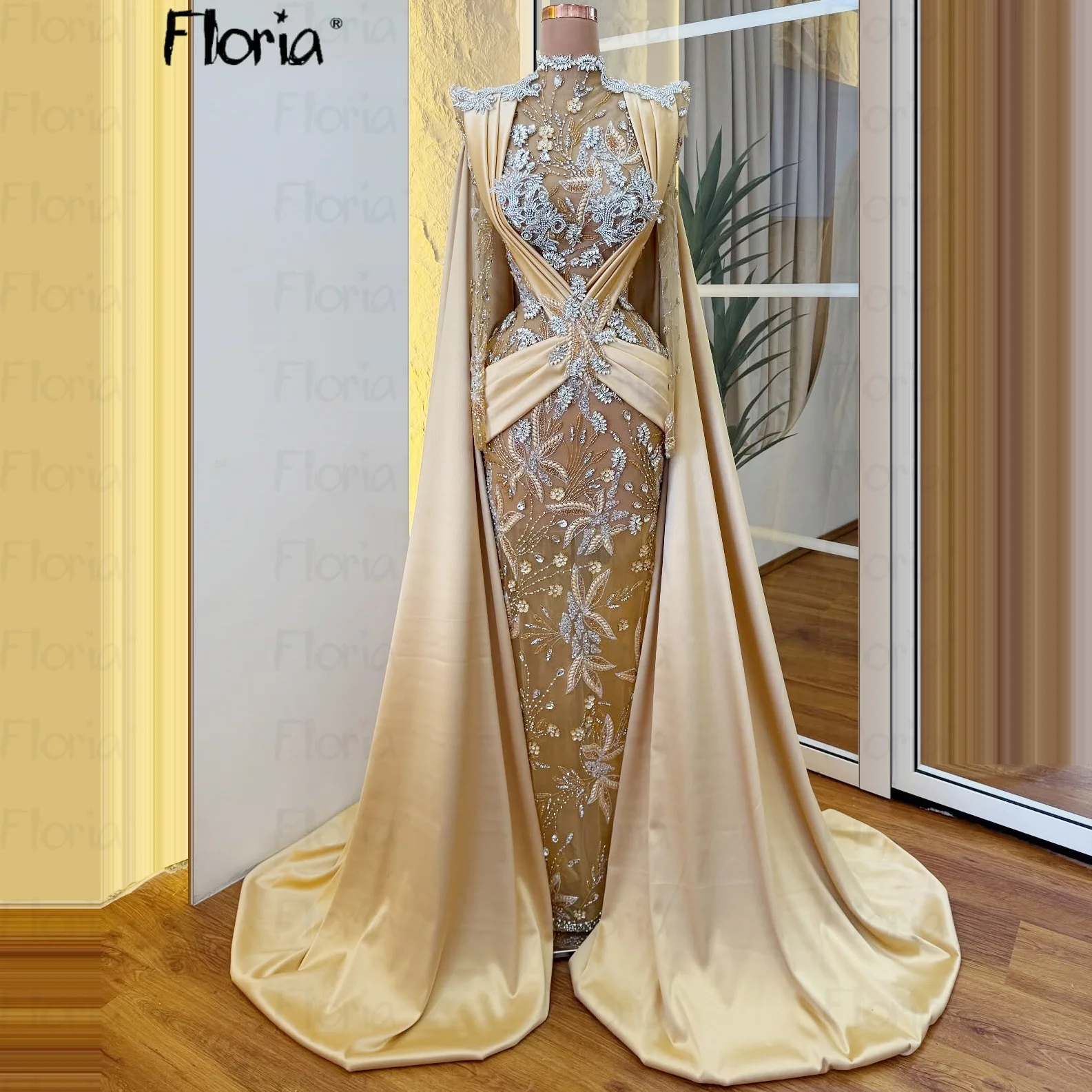 

Luxurious Muslim Long Cape Sleeve Prom Dress Champagne Gold Customized Beded Lace Wedding Guest Gowns Turtle Neck Evening Dress