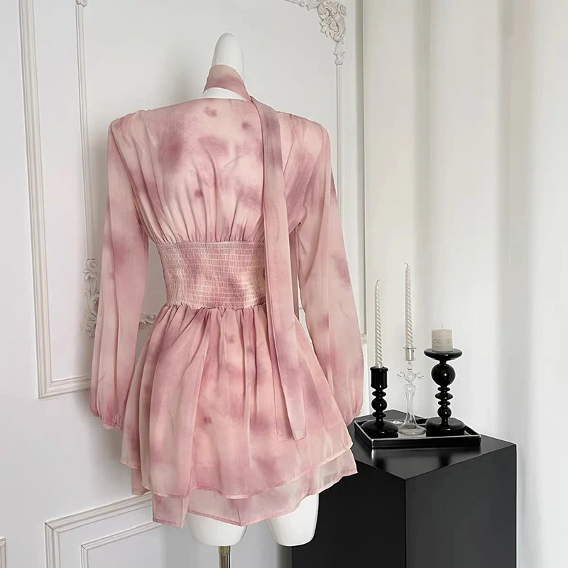 الوردي الحلو المرأة الخامس الرقبة الجنية فستان قصير أنيق أنيق الأزهار طباعة طويلة الأكمام الإناث الصيف جديد حفلة الجمالية فستان من الشيفون #4