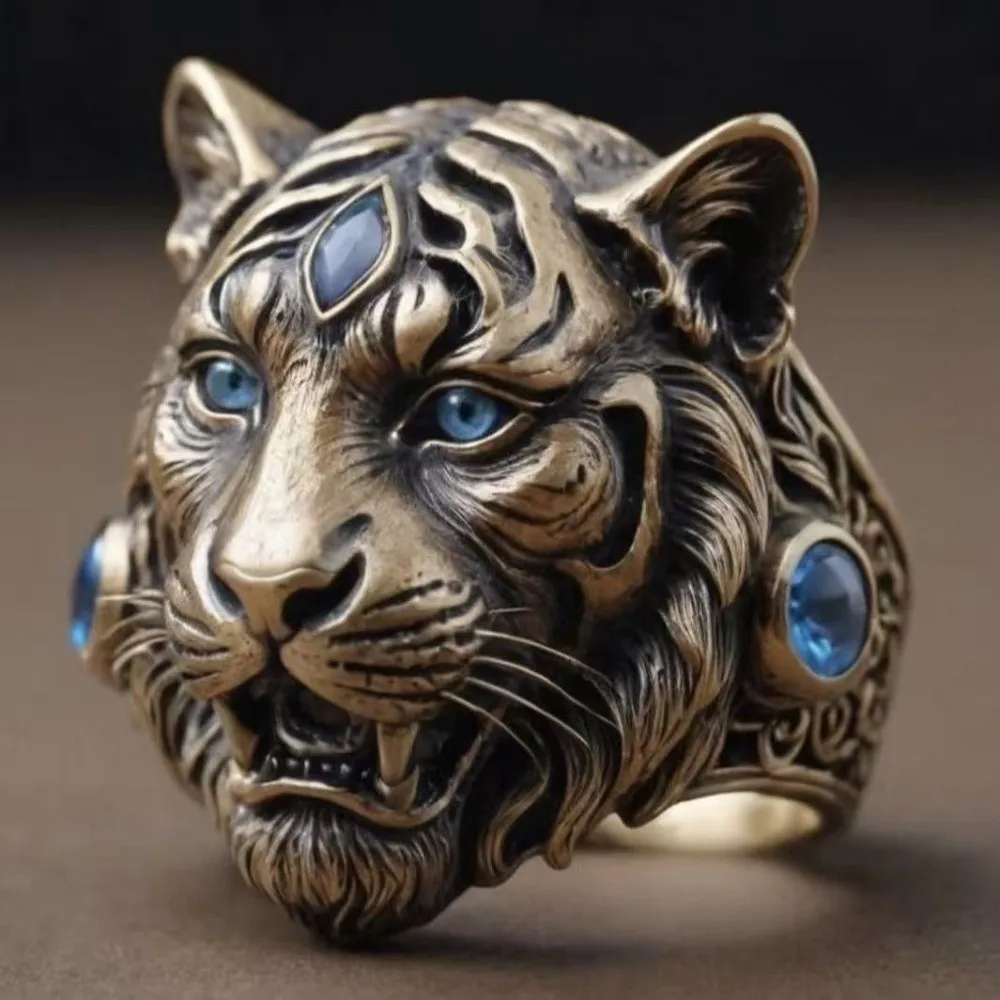 Environmentally Friendly Men's Ring Blue CZ Retro Style Tiger Head Ring Gothic Style Zinc Alloy Tiger Signet Ring Men's Jewelry