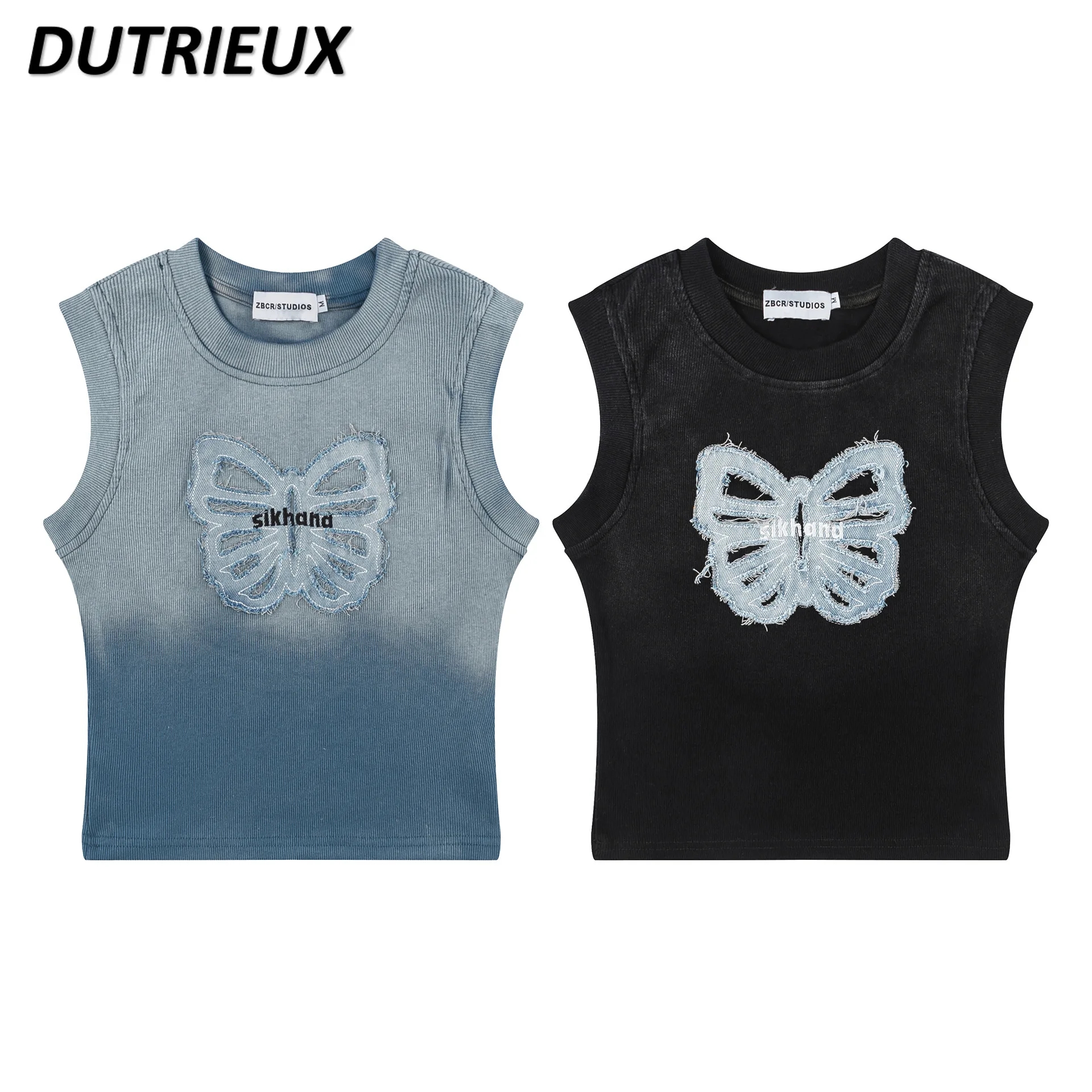 

Spring and Summer Women's Tops High Street Style Fashion Ladies' Vest Gradient Washed Butterfly Embroidered Csaual Vest