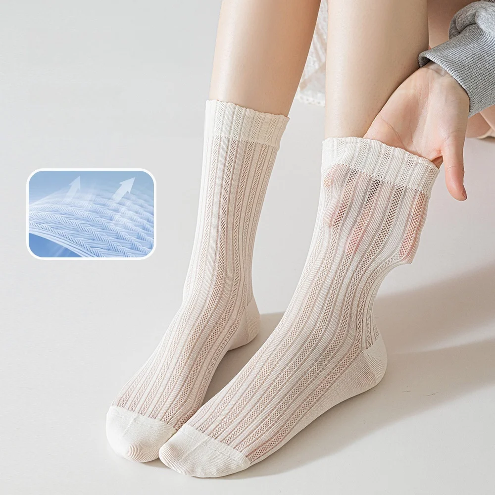 5 Pair Women's Socks  Cotton Solid Color Medium Tube Boneless Thin Section Vertical Stripes Stacked Socks White Socks Black Sock