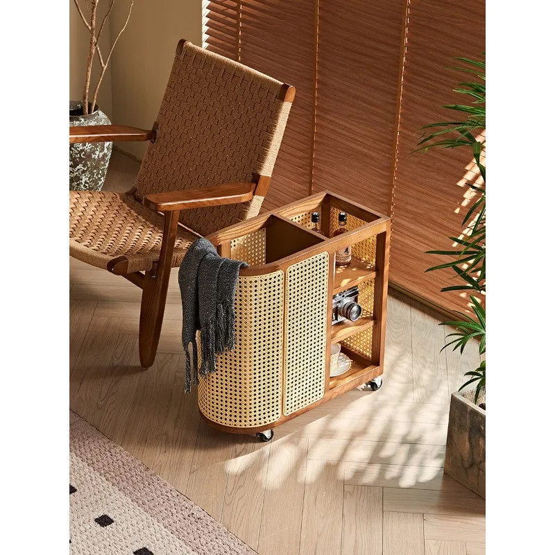 Medieval solid wood rattan storage box, multi-functional small corner table, movable storage basket with wheels, sundries rack