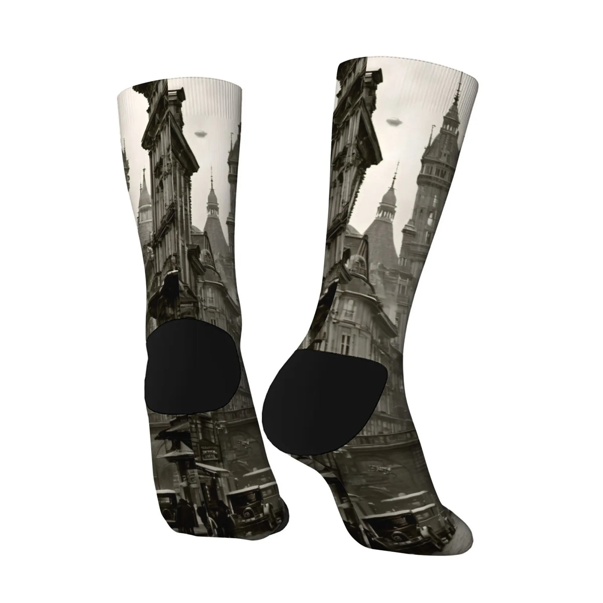 Harajuku retro preto e branco cidade nostálgica paisagem impressão meias masculinas romance tendência de rua estilo futurista meias casuais presente