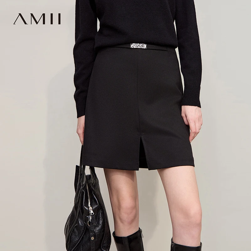 AMII الحد الأدنى السراويل للمرأة 2025 شتاء جديد فضفاض بلون ملابس امرأة شق عادية تنوعا واسعة الساق السراويل 12524061