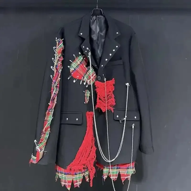 Men Plaid Suit Jacket Loose Fit Patchwork Chain Design Distressed Blazer High Quality Casual Streetwear Outerwear 21Z4315