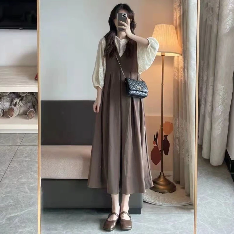 S-3XL French Strap Dresses Women Vintage Folds Stylish V-neck Long Dress Spring Office Lady Classy Temper All-match Sleeveless