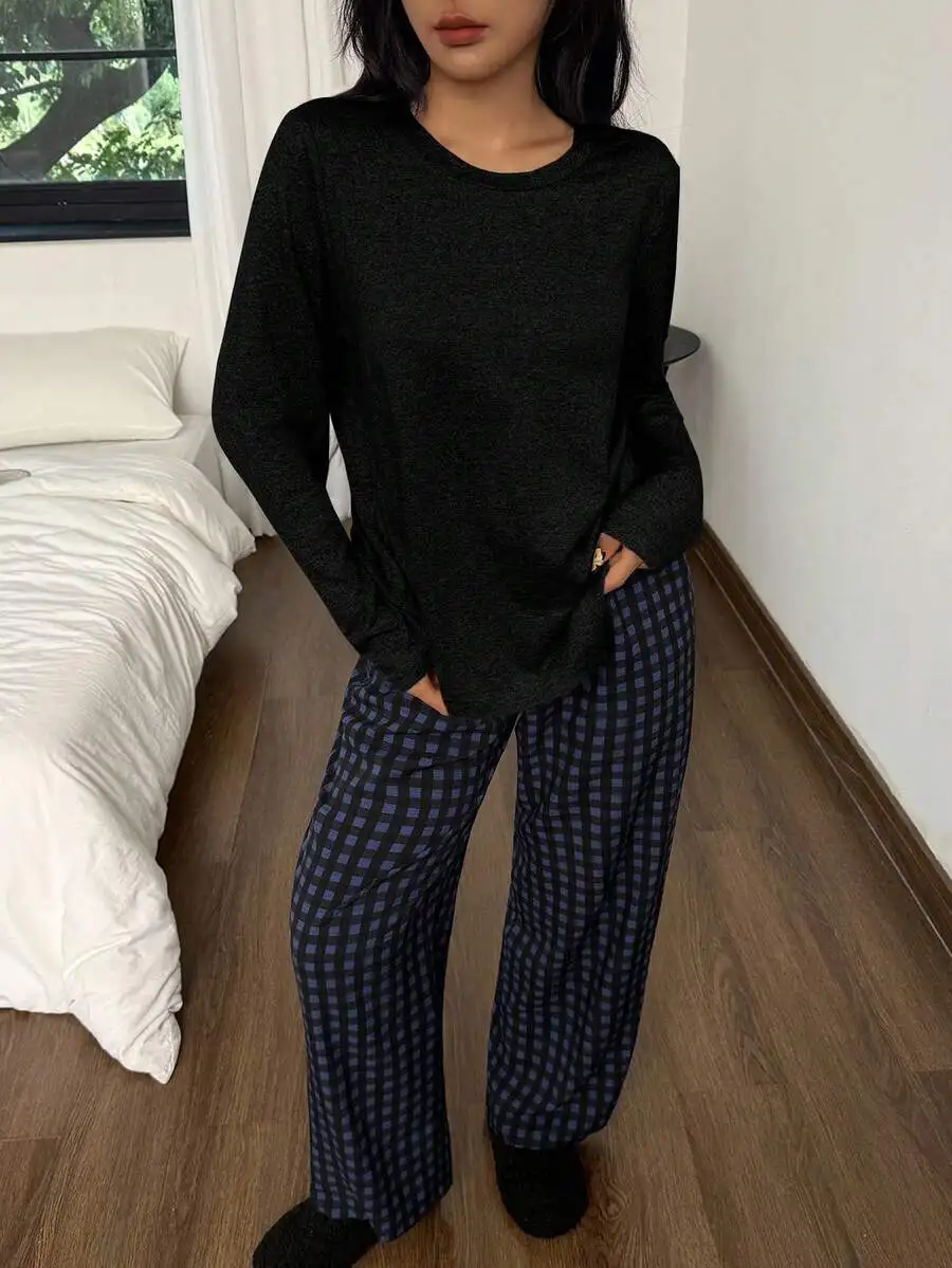 

Womens Loose Round Neck Long Sleeve Top And Plaid Pants Pajama Set Lounge Wear