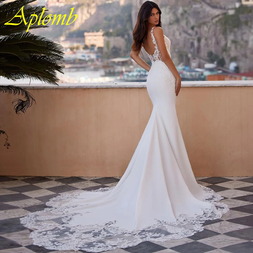 Personalizado boho branco cetim vestido de casamento elegante com decote em v sem mangas vestidos de noiva sonhador sereia tribunal trem novia