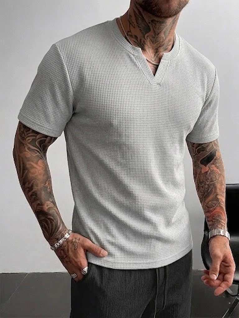 Men's Light Gray Waffle Henley T-Shirt, Textured Slim Fit Casual Short Sleeve Cross-Border Men's Apparel