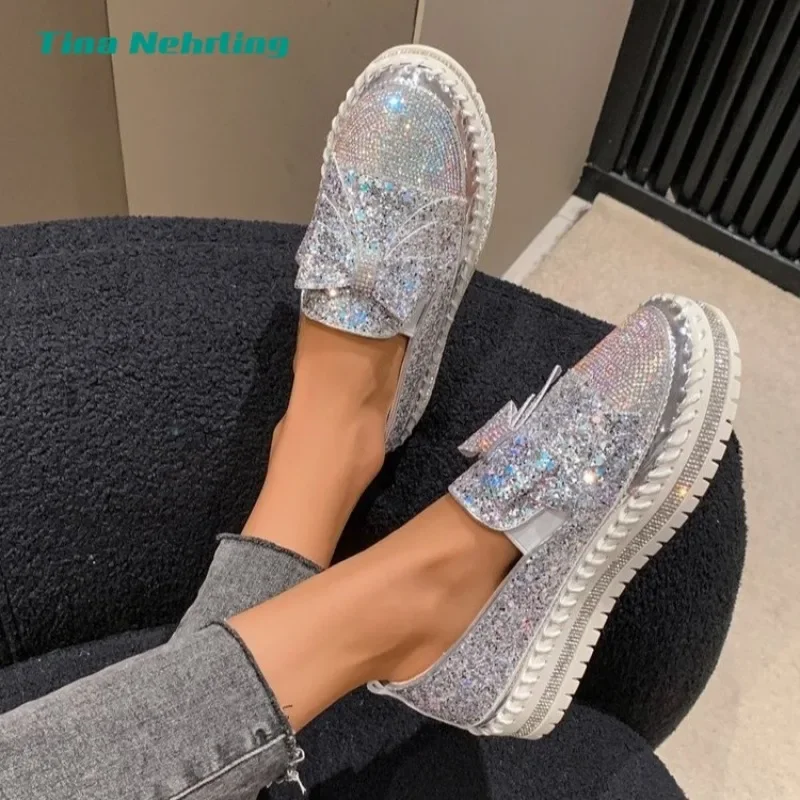 Nieuwe Vrouwen Shining Rhinestone Loafers Strik Slip-on Dikke Botton Casual Dames Mode Schoenen Vrouwelijke Platform Sneakers Sport