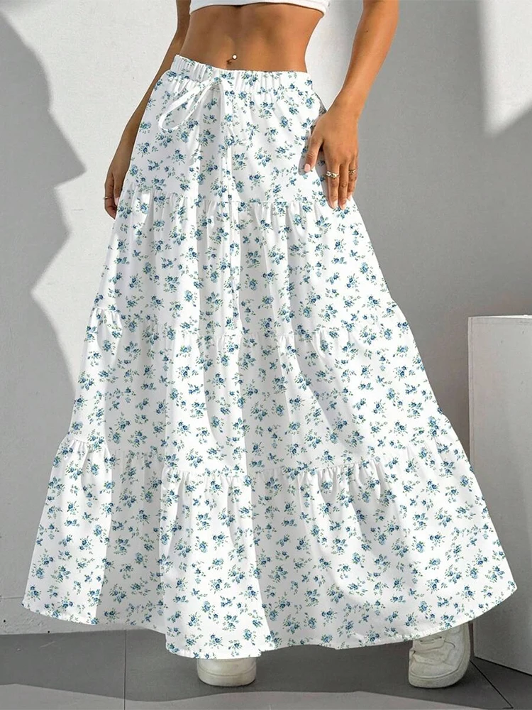 

Женская элегантная бело-синяя многоярусная макси-юбка с цветочным принтом, эластичная талия на шнурке, расклешенная длинная юбка в стиле бохо на лето