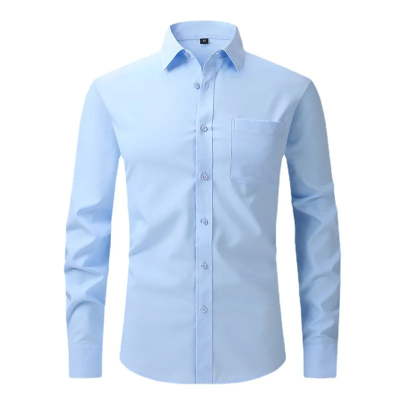 Solid Color Men\'s Long-sleeved Shirt, Single-breasted Square Collar Small Elastic Shirts, Suitable for Wedding/Business/Office