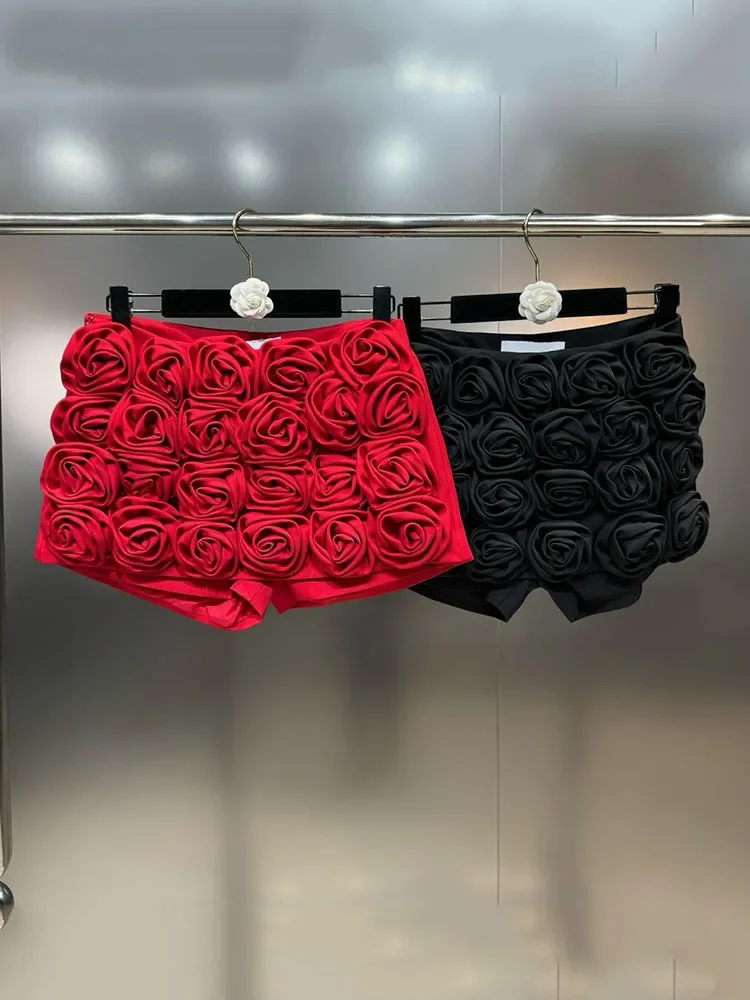 Women's 3D Rose Flower Mini Skirts 2024 Spring New Items High Waist Wrap Hip Solid Color Skirt