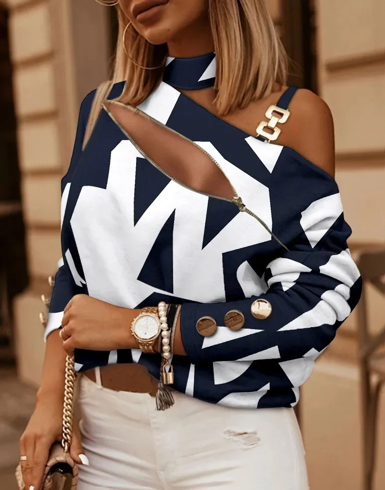 Vintage Pattern Print Women Tops and Blouses Spring One Shoulder Hollow Out Office Shirt Autumn Long Sleeve Chain Strap Pullover