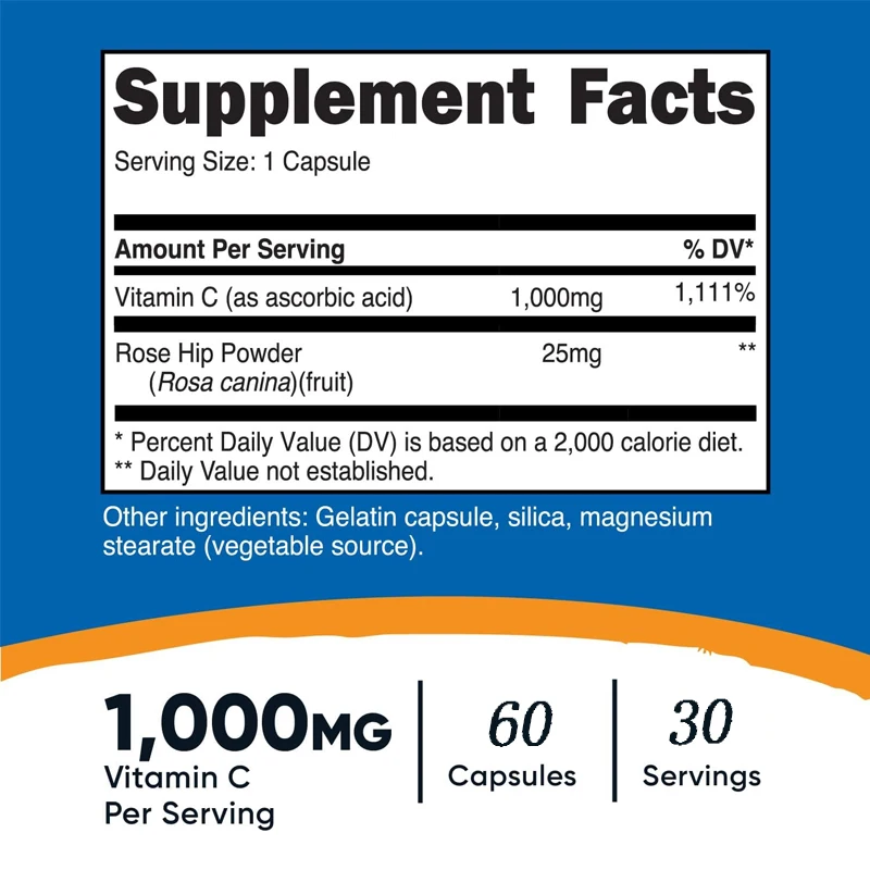 فواكه الورد فيتامين C 1025 مجم، 60 كبسولة من مكونات عالية الجودة، غير جراثيم، مكمل خالي من الغلوتين