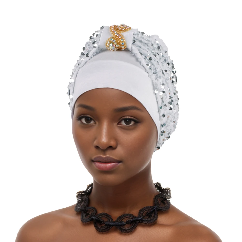 Shining Diamond Sequins Women\'s Turban Cap African Hat Headtie Bonnet Muslim Headwear Top Knotted Head Caps Turbante Mejur