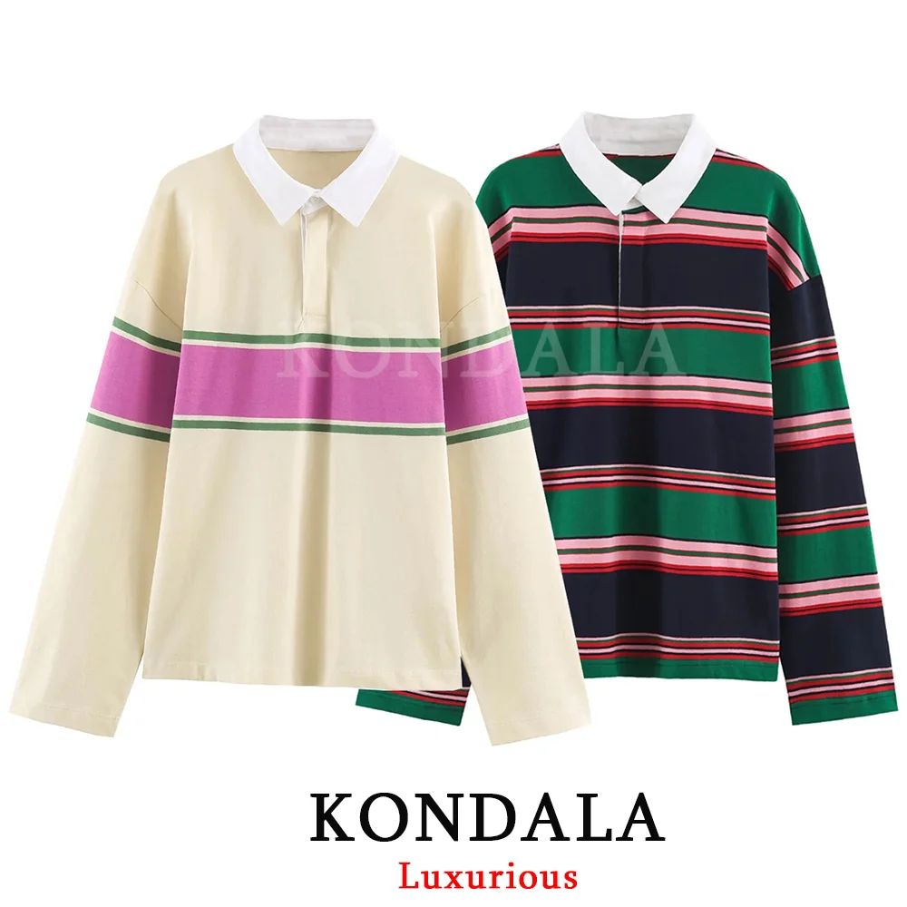 KONDALA Casual Trendy Women Knitted Top Spliced Striped Polo-Neck Long Sleeve Top Fashion 2026 Autumn Winter Holiday Knitted Top
