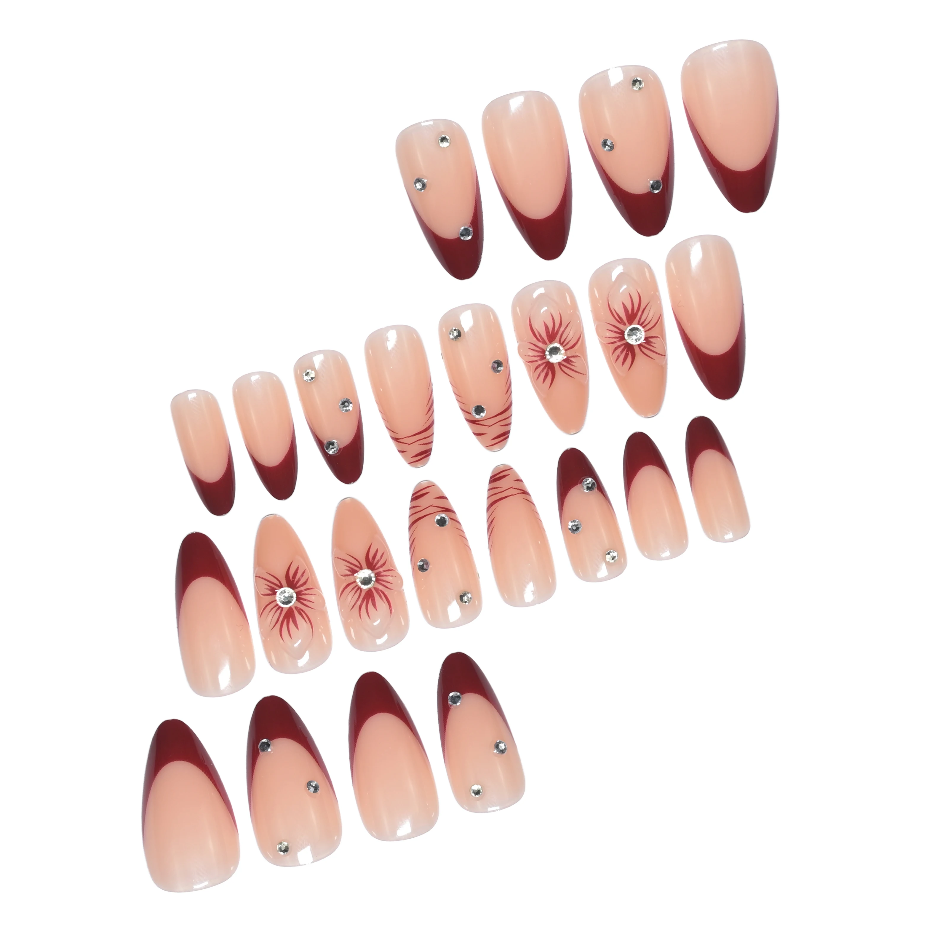 Transform Your Nails | 24Pcs Luxe Elegant Nude Burgundy French Press On Nails, Almond Shape with Floral & Rhinestone