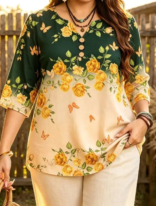 Gradient Rose Butterfly Floral Leaf All Over Print Women Blouse 3/4 Sleeve Notch V Neck Decor Button Summer Casual Tops
