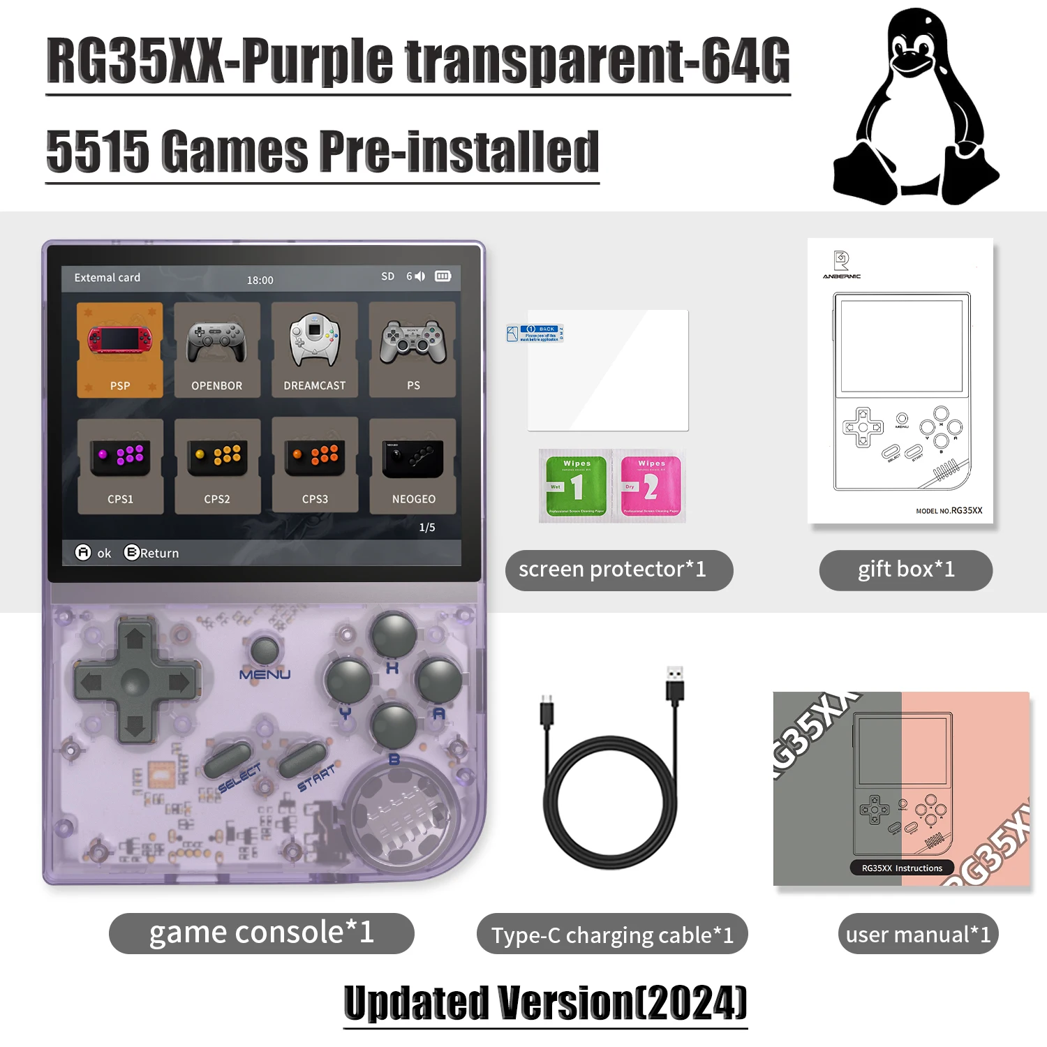 ANBERNIC RG35XX 2024 Retro draagbare gameconsole Linux-systeem HD TV-uitgang 3,5 inch IPS-scherm 64G TF-kaart 5000+ games 2600mA