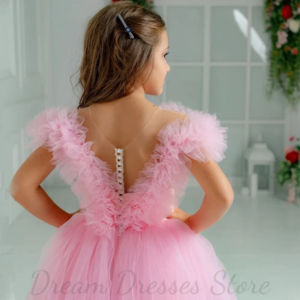 

Customization Beading Pearls Puffy Off Shoulder Kids Wedding Tulle Flower Girl Dresses For Birthday First Communion Ball Gowns