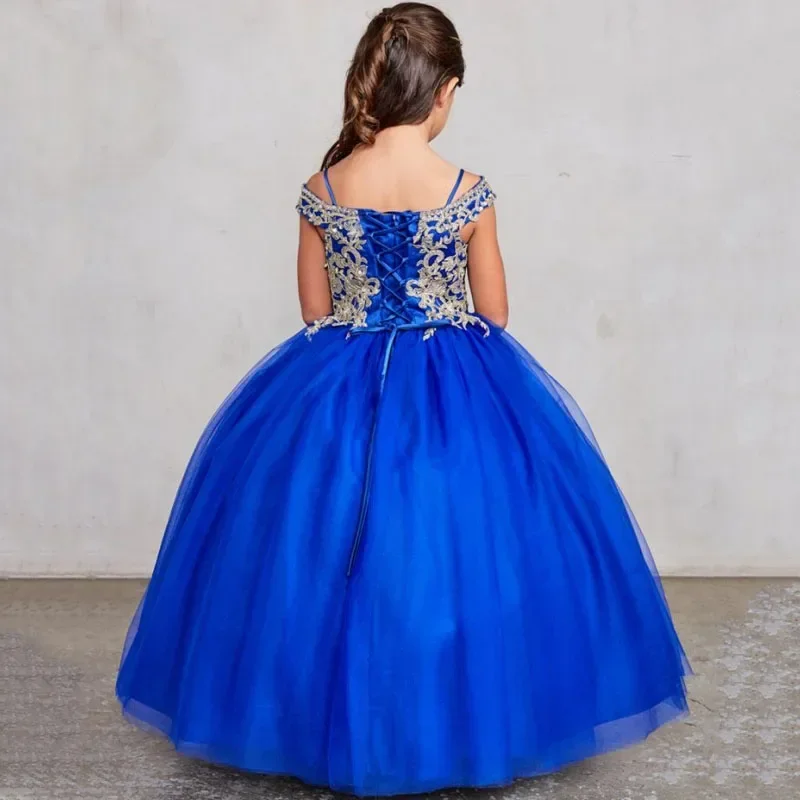 День рождения, банкетные платья принцессы, индивидуальные платья с цветочным узором для девочек, королевский синий, золотой узор, аппликации, без рукавов для свадьбы