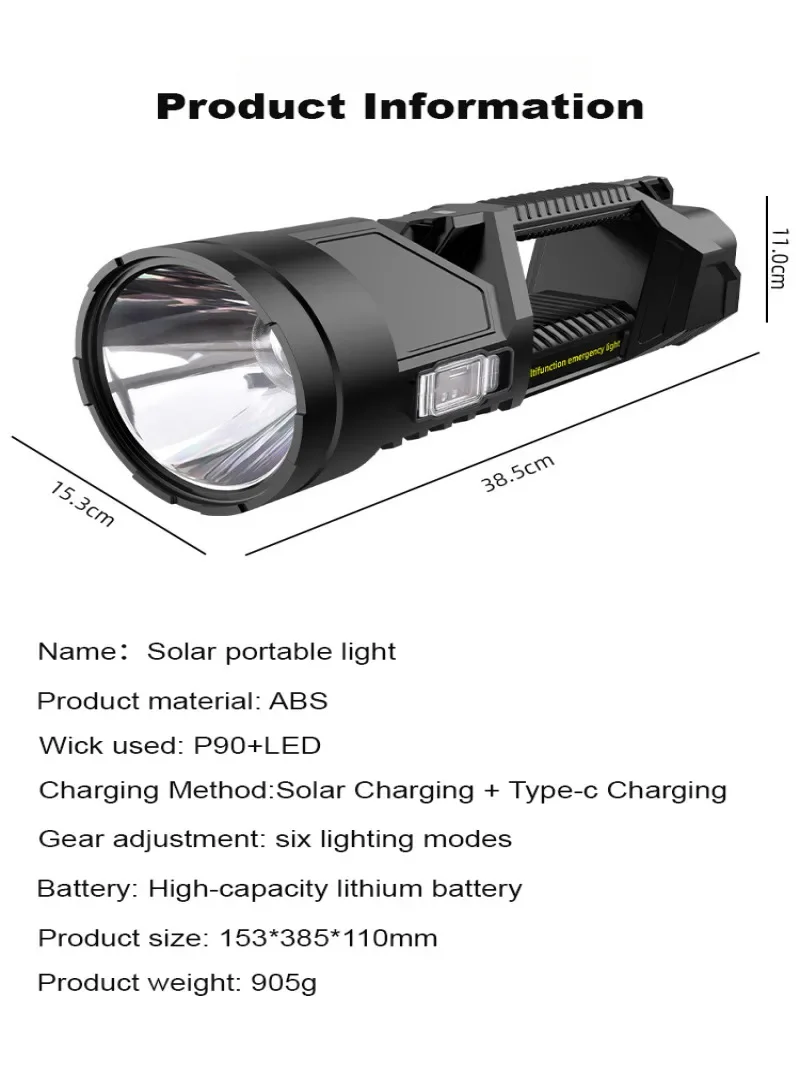 Solar FlashlightMultifunctional Home/Outdoor Super Bright Rechargeable Long Range