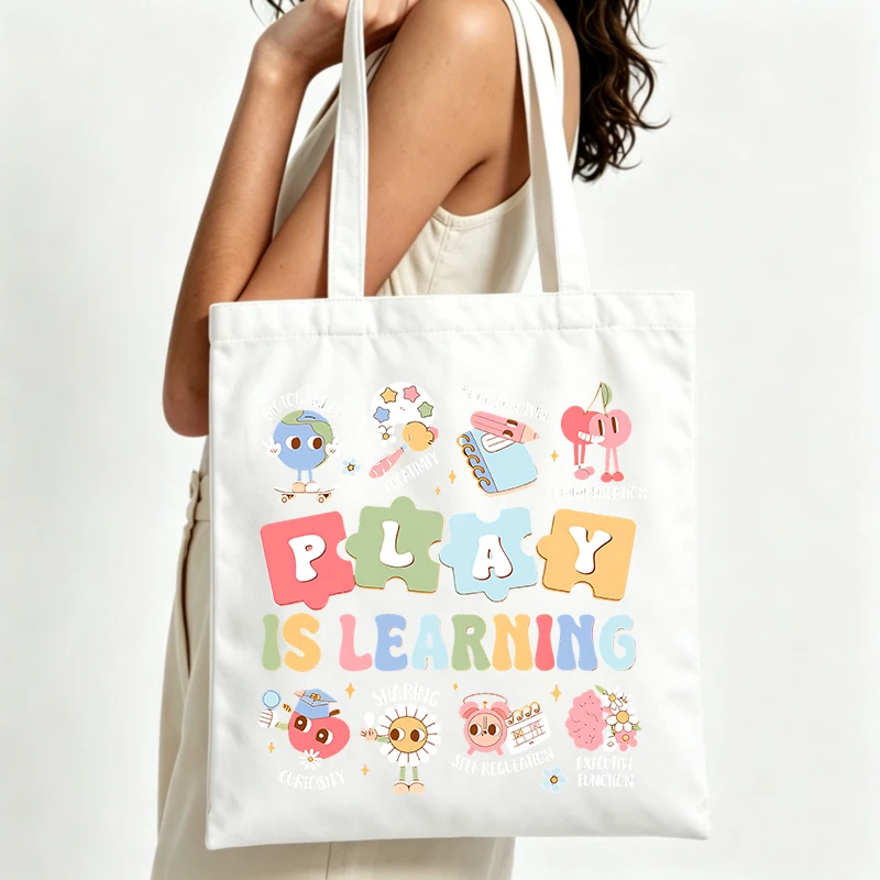 colorful puzzle and play graphic canvas tote bag, casual style for daily shopping and casual outings