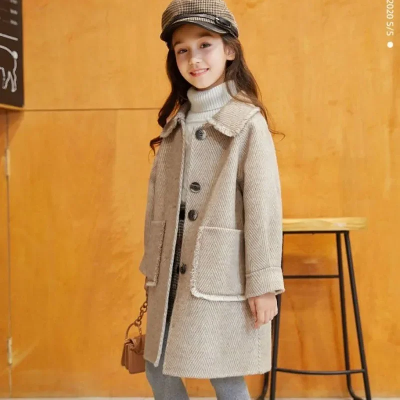 Girls Woolen Coat Autumn New Korean Version Foreign Style Coat Long Fashion Spring and Autumn Korean Simple Style Clothes