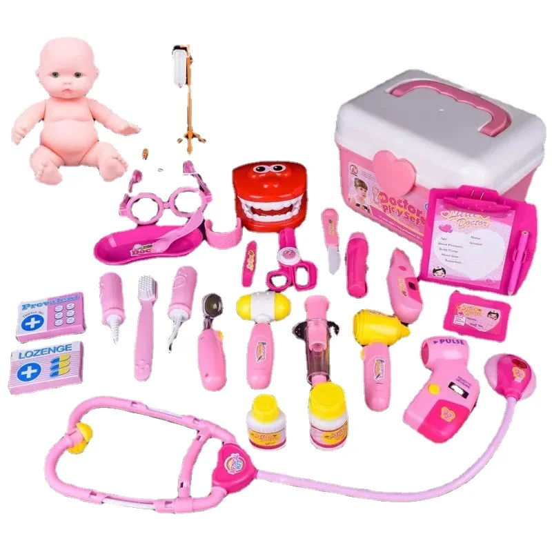 [Funny] 27Pcs Kids Toys Doctor Set Baby Suitcases Medical kit Cosplay Dentist Nurse Simulation Medicine Box sound & light props