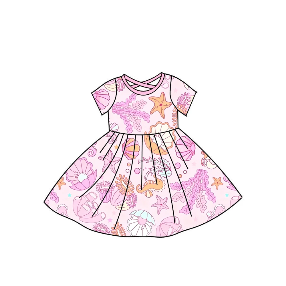 Boutique Girl's Short-sleeved dress Crisscross back Duck flower and undersea plant print custom wholesale