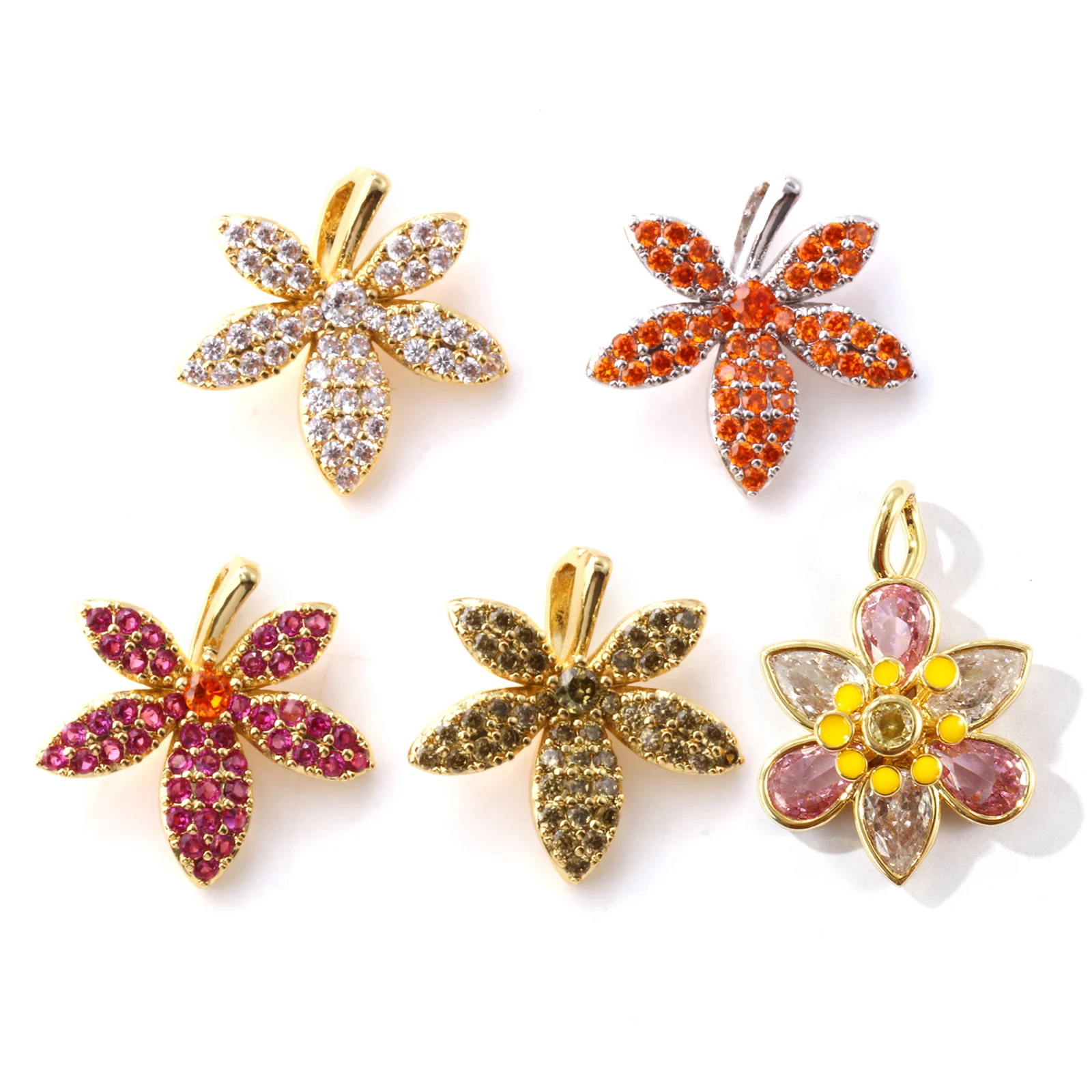 1 Piece Brass & Cubic Zirconia Pendants Multicolor Flower Leaf Micro Pave Charms For DIY Necklace Earring Jewelry Making Finding
