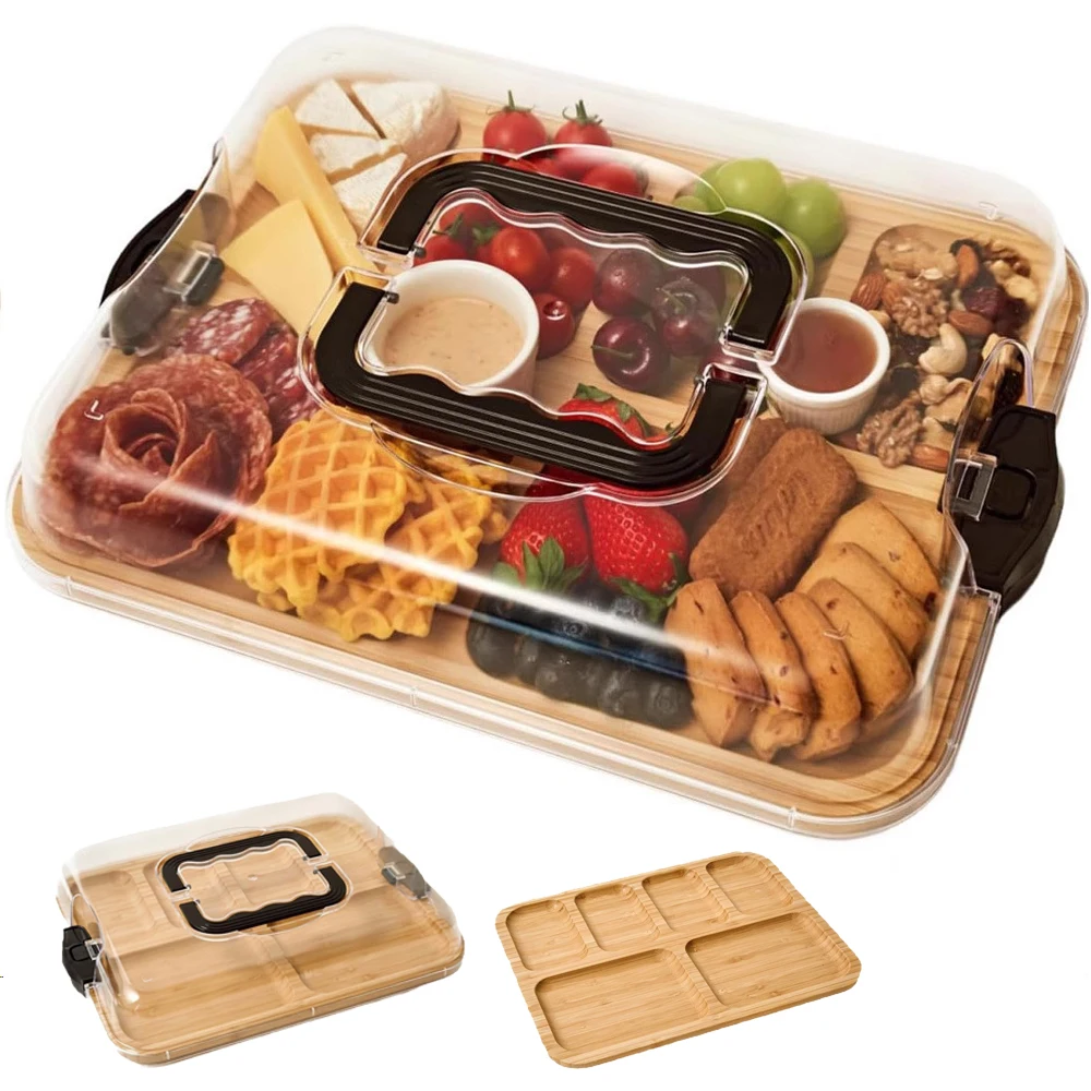 

Wooden Bamboo Cheese Platter with Lid Biscuit Snacks Platter Tray Serving Board for Gourmets Birthday Presents Housewarming Gift