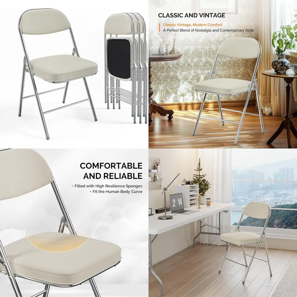 

Padded Folding Chairs with Metal Frame, Durable Corduroy, 350 lbs Capacity, Set of 4, Off-White – Ideal for Outdoor and Indoor U