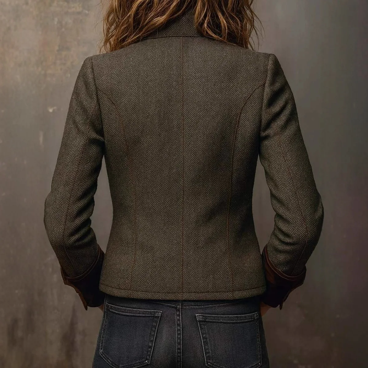 Army Green Women's Long-sleeve Vintage Jacket, Herringbone-patterned Casual Coat, Perfect for Spring and Fall.