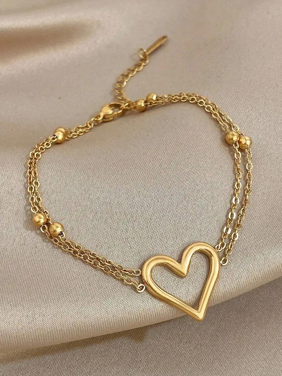 Elegant Hollow Heart Chain Bracelet With Zirconia Beads For Women Stainless Steel Jewelry