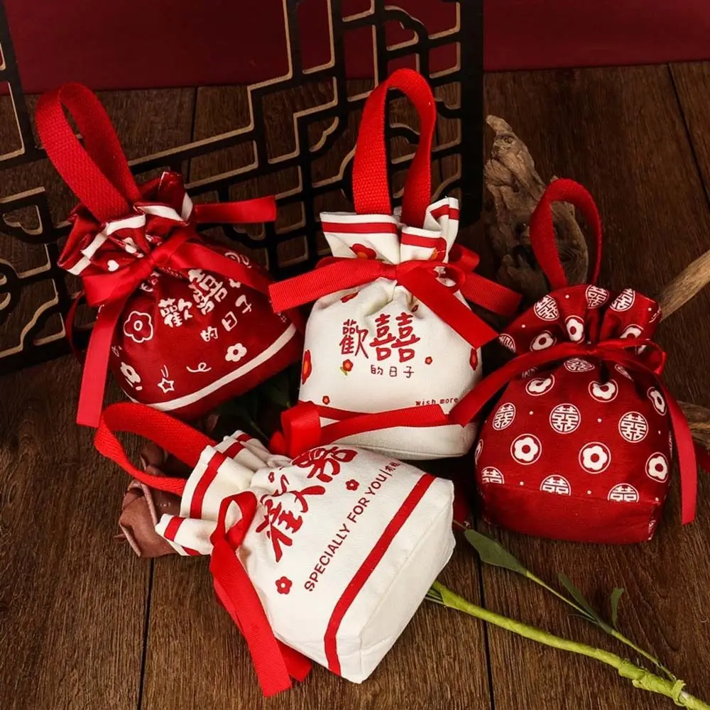 

Fashion Floral Canvas Drawstring Bag Letter Korean Style Festive Sugar Bag Storage Bag Coin Purse Wallet Bowknot Handbag Wedding