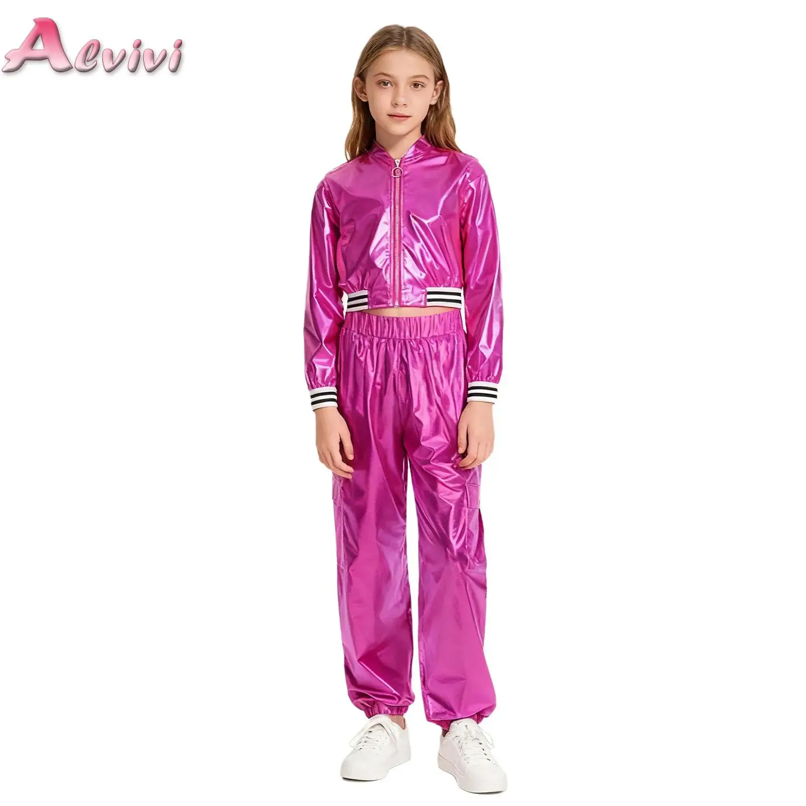 Kids Girls Hip-hop Jazz Dance Performance Costume Long Sleeve Stand Collar Zipper Metallic Jacket with Pants Fashion Streetwear