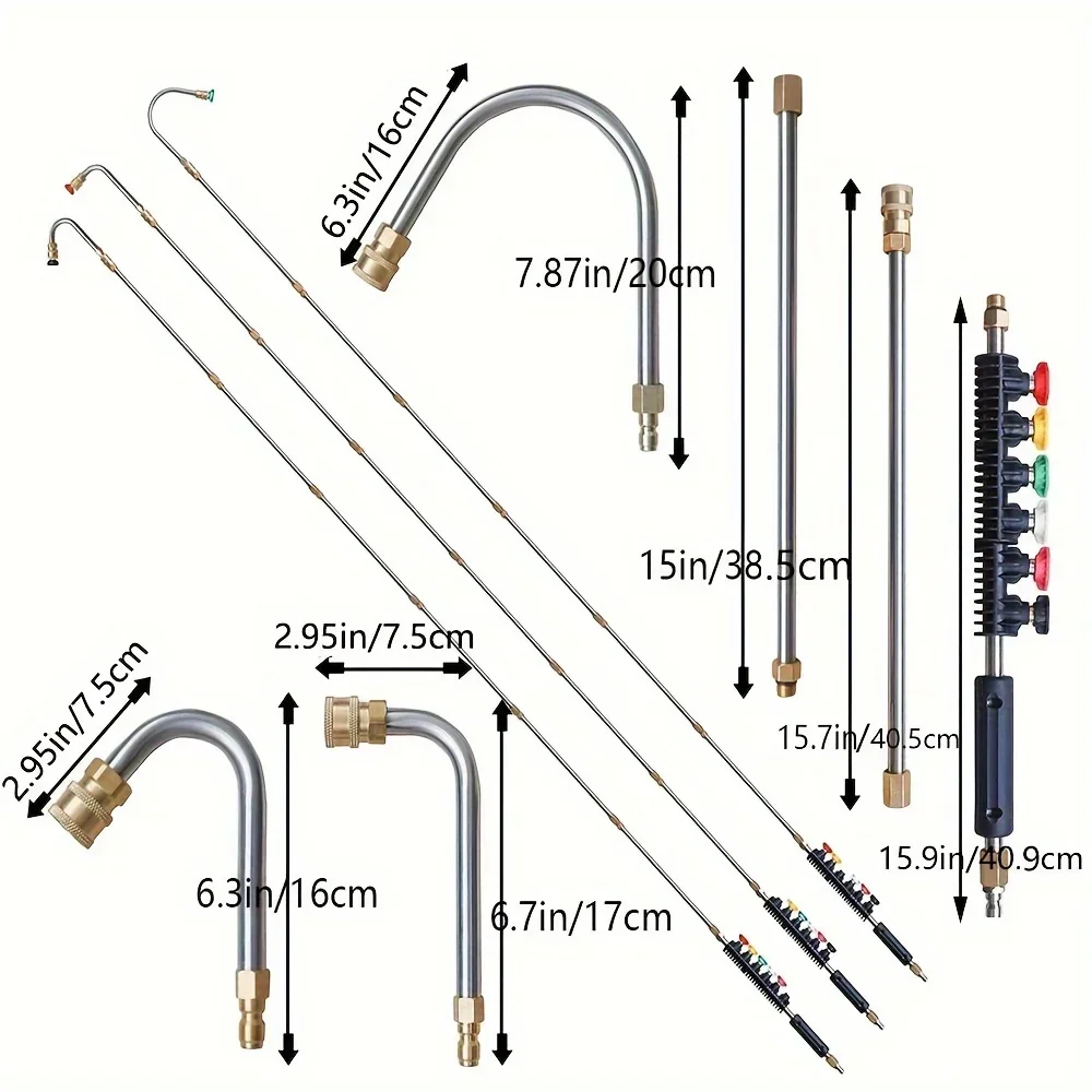 10 Piece Pressure Washer Extender Set, Quick Connect Power Washer Spray Gun with 6 Nozzle Tips, Ditch Cleaning Bender