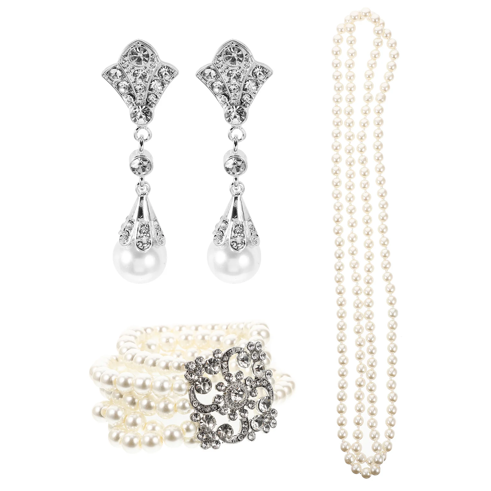 

1Set Pearl Jewelry Set Faux Pearl Necklace Earrings Layered Bracelet Chic Elegant Accessories for Wedding Party Women