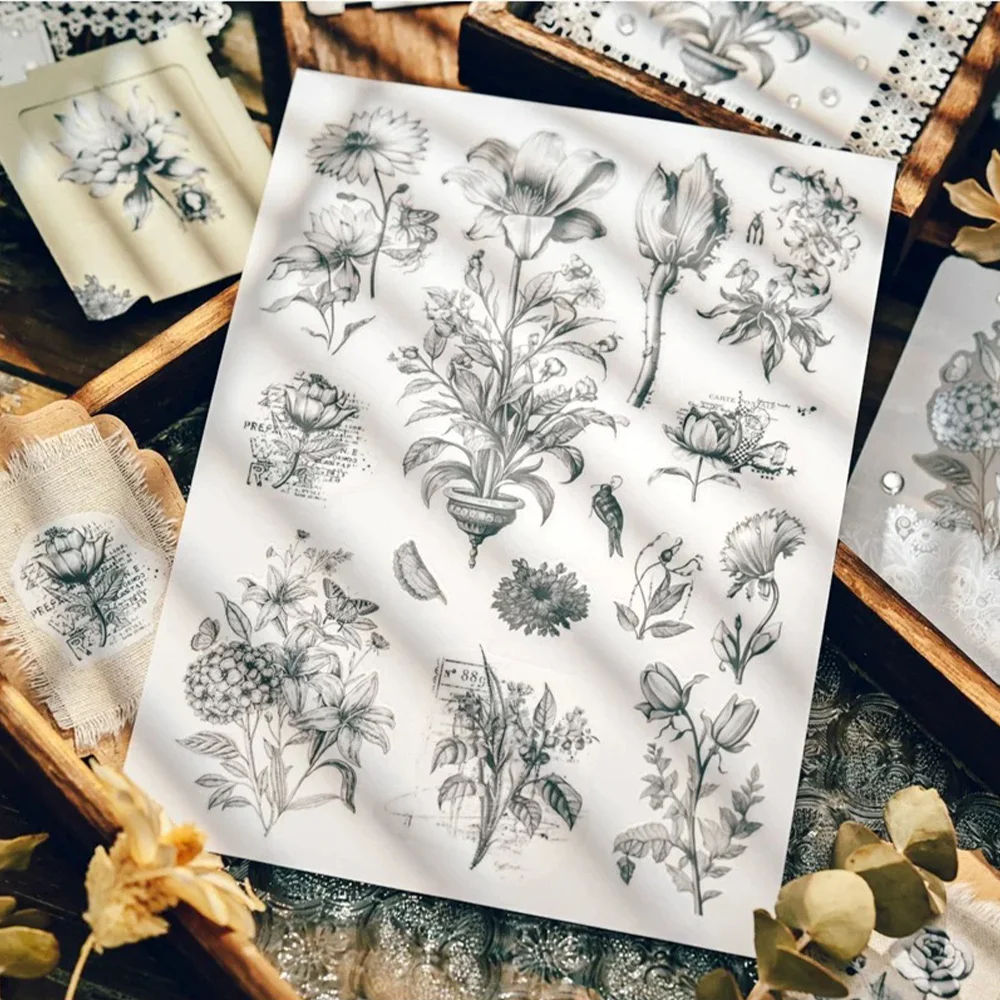 KSCRAFT 2sheets Flower Rub On Sticker Scrapbooking Junk Journal Crafts Transfer Stickers DIY Photo Albums Decorative