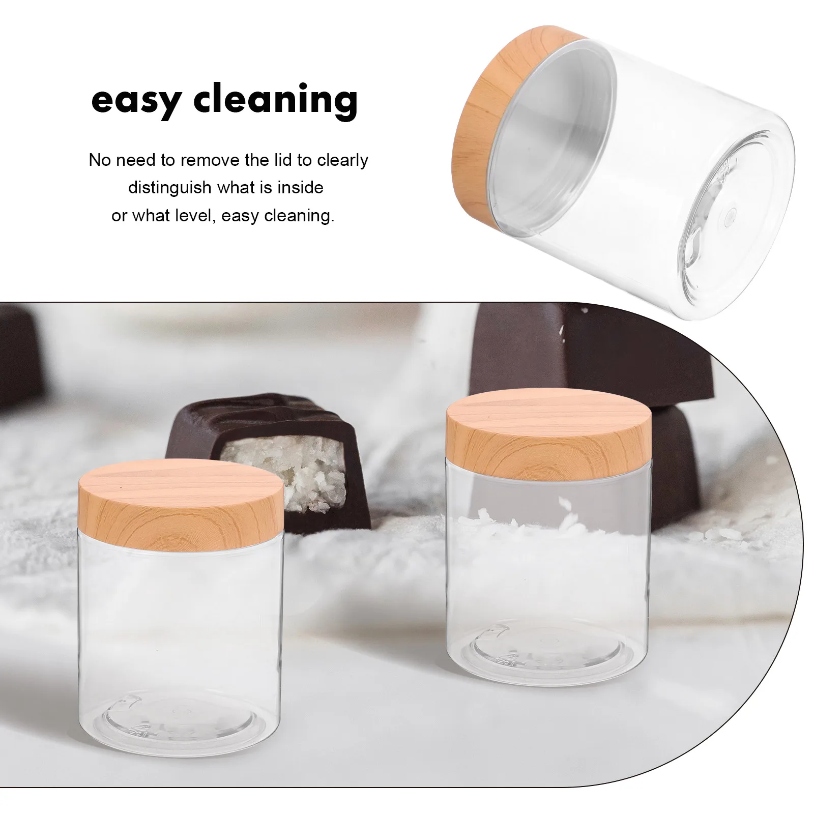 

6pcs Kitchen Storage Containers 250ML Transparent PET Jars Wide Mouth PP Wood Grain Lids Airtight Food Canisters